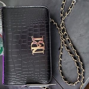 Badgley Mischka Black Croc-Embossed Crossbody Bag.